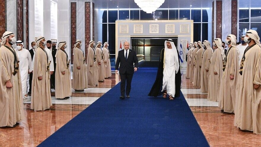 Israeli Prime Minister Naftali Bennett is greeted by Abu Dhabi Crown Prince Sheikh Mohammed bin Zayed at his private palace in Abu Dhabi, Dec. 13, 2021. Credit: Haim Zach/GPO.
