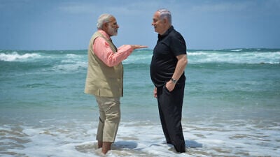 Israeli Prime Minister Benjamin Netanyahu and his Indian counterpart, Narendra Modi, visit the desalination plant at Olga Beach in Haifa on July 6, 2017. Photo by Kobi Gideon/GPO.