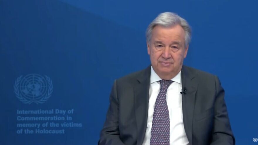 Secretary-General António Guterres speaking at the 2022 U.N. Holocaust Remembrance Day program. Source: Screenshot.