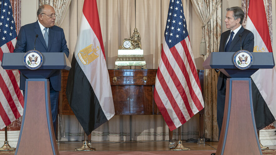 U.S. Secretary of State Antony Blinken and Egyptian Foreign Minister Sameh Shoukry deliver opening remarks for the U.S.-Egypt Strategic Dialogue, at the U.S. Department of State in Washington, D.C. on Nov. 8, 2021. Credit: U.S. State Department Photo by Freddie Everett.