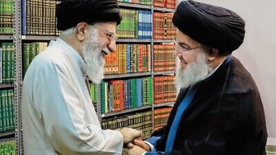 Iranian Supreme Leader Ayatollah Ali Khamenei (left) greets Hezbollah Secretary-General Hassan Nasrallah in Iran, October 2019. Credit: Iran News Agency.