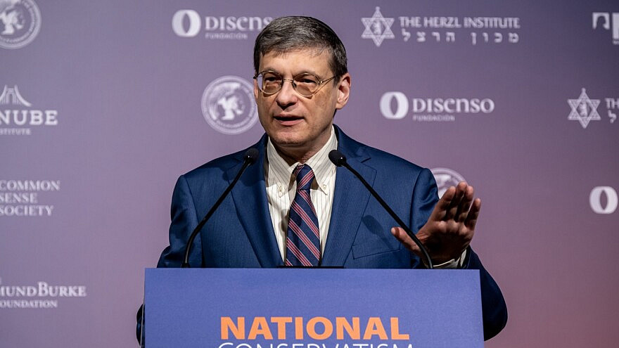 Yoram Hazony, president of the Herzl Institute in Jerusalem, speaking at the European National Conservatism Conference in March 2022. Credit: Courtesy.