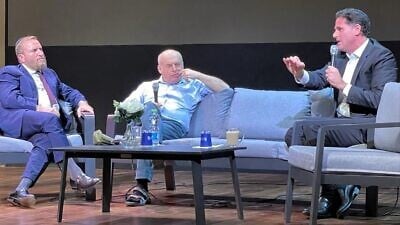 From left: Rabbi Shmuley Boteach; human-rights activist and former chairman of the executive of the Jewish Agency for Israel Natan Sharansky; and former Israeli Ambassador to the United States Ron Dermer take part in a panel discussion on global anti-Semitism at the Menachem Begin Heritage Center in Jerusalem, June 6, 2022. Credit: Courtesy.