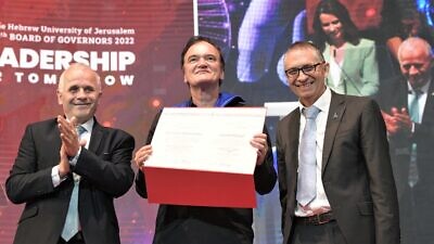 From left: Hebrew University president Asher Cohen, filmmaker Quentin Tarantino and Hebrew University rector Barak Medina at the 85th Board of Governors meeting on June 13, 2022. Photo by Bruno Cherbit.