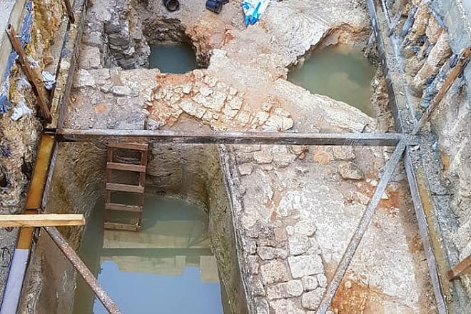 Following a winter storm, melted snow and rain fill up several Herodian-period water installations. Credit: Michal Haber/Hebrew University.