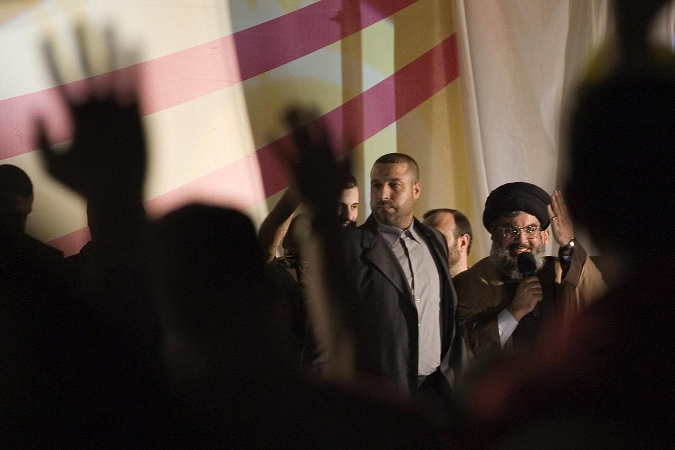 Lebanese Hezbollah chief Hassan Nasrallah, (center) speaks to the crowd in a rare public appearance on July 16, 2008. Photo by Ferran Queved/propaimages for Flash90.