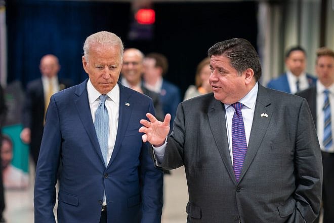 U.S. President Joe Biden talks with Illinois Gov. J.B. Pritzker at McHenry County College in Crystal Lake, Ill., on July 7, 2021. Credit: Official White House Photo by Adam Schultz.