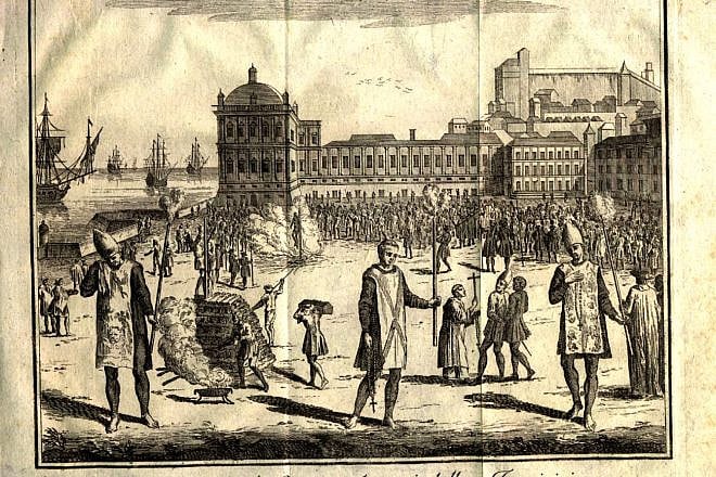 A Portuguese Inquisition auto-da-fé in Lisbon. Credit: The National Library of Israel.