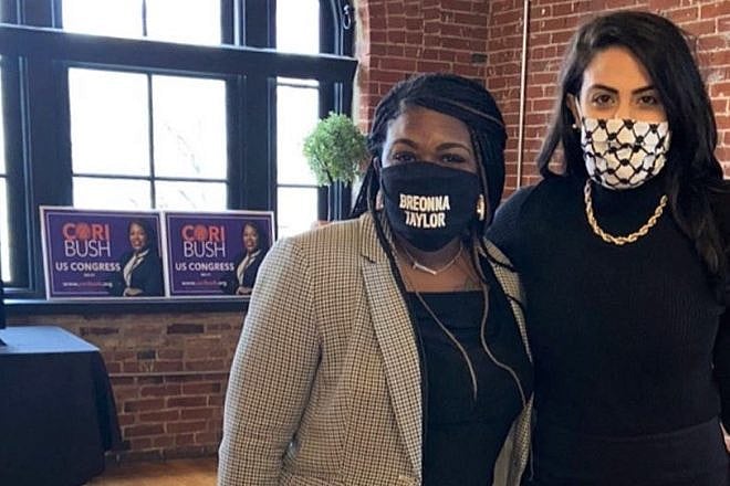 Rep. Cori Bush (D-Mo.) with Naveen Ayesh, a government relations coordinator for the St. Louis Chapter of the American Muslims for Palestine, at a campaign event. Source: Twitter.