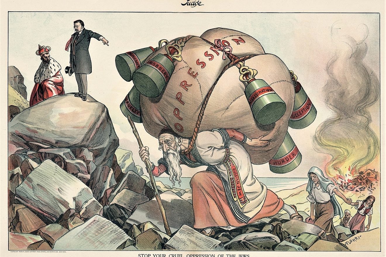 A 1904 cartoon depicting U.S. President Theodore Roosevelt appealing the Russia Czar Nicolas II to end the oppression of Russian Jews. Credit: Everett Collection/Shutterstock.