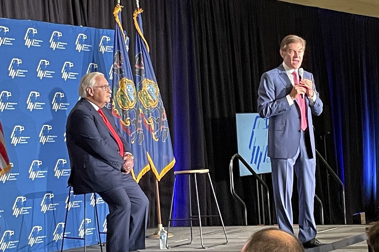 Former U.S. Ambassador to Israel David Friedman and Pennsylvania Senate candidate Dr. Mehmet Oz at a campaign event in Philadelphia on Aug. 17, 2022. Photo by Jonathan S. Tobin.