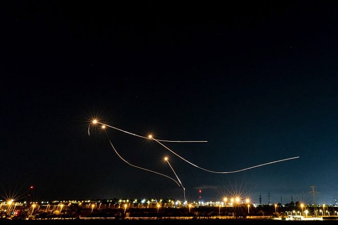 Israel's Iron Dome air-defense system intercepts rockets from the Gaza Strip, as seen from Sderot in southern Israel, Aug. 7, 2022. Photo by Yonatan Sindel/Flash90.