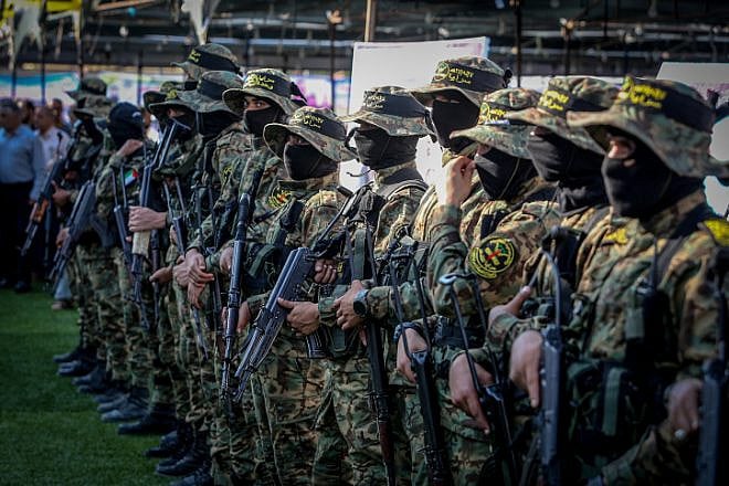 Palestinian Islamic Jihad terrorists at a gathering in Rafah, in the southern Gaza Strip, for commander Khaled Mansour, who was killed during the IDF's "Operation Breaking Dawn," Aug. 8, 2022. Photo by Abed Rahim Khatib/Flash90.