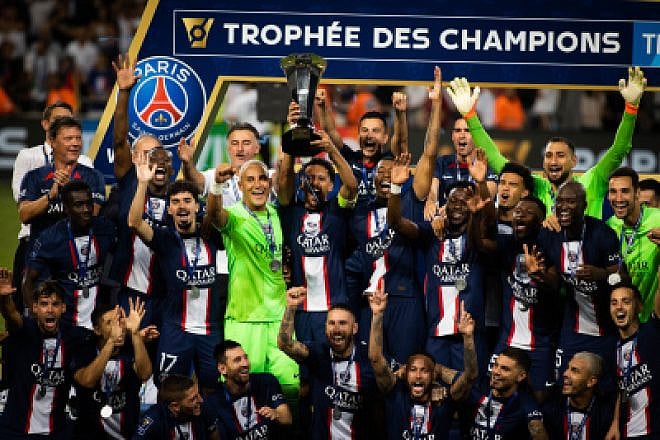 PSG players celebrate with the trophy their win in the French Super Cup match against Nantes at Bloomfield Stadium in Tel Aviv on July 31, 2022. Photo by Oren Ben Hakoon/Flash90.