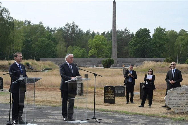 Israeli President Isaac Herzog and German counterpart Frank-Walter Steinmeier spent time honoring the Jewish dead on the grounds of the former Bergen-Belsen concentration camp on Sept. 7, 2022. Credit: Amos Ben Gershom/GPO.