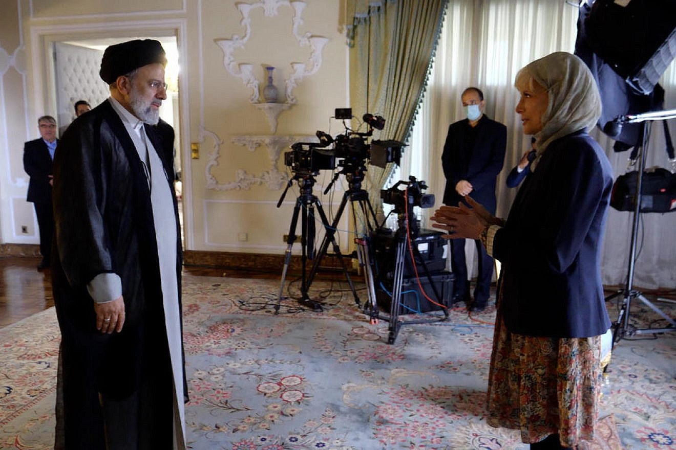 Iranian President Ebrahim Raisi is interviewed by CBS correspondent Lesley Stahl at the presidential compound in Tehran, Sept. 13, 2022. (The "60 Minutes" show was aired on Sept. 18, 2022.) Credit: CBS News.