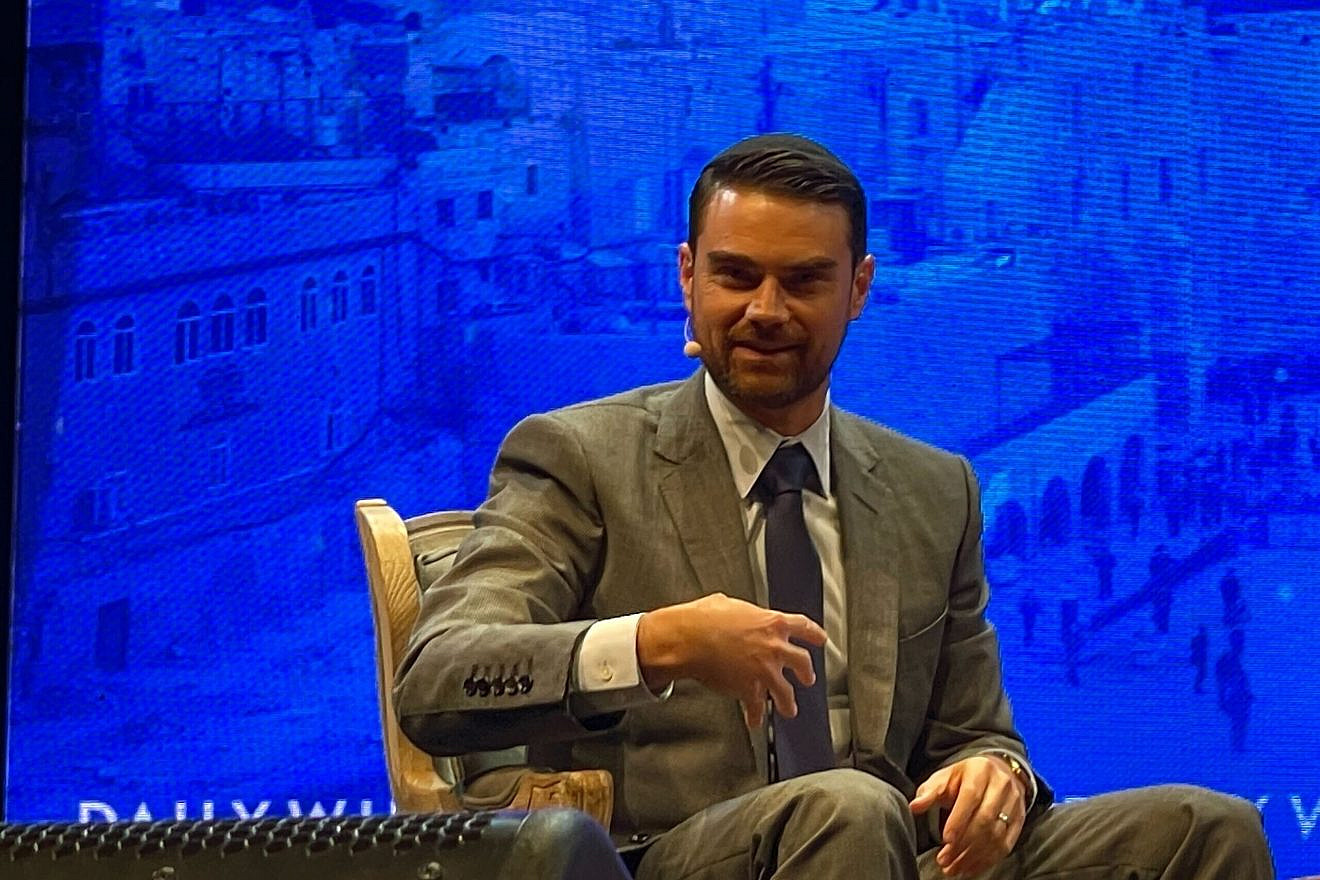 Conservative pundit Ben Shapiro speaks at Jerusalem’s International Convention Center on Thursday. Credit: Alex Traiman.