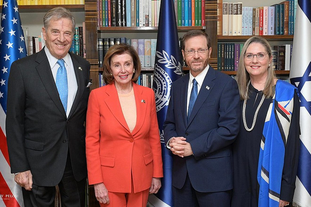 From left: Paul Pelosi, U.S. House Speaker Nancy Pelosi, Israeli President Isaac Herzog and Michal Herzog at the President's Residence in Jerusalem, Feb. 16, 2022. Credit: Speaker of the United States House of Representatives.