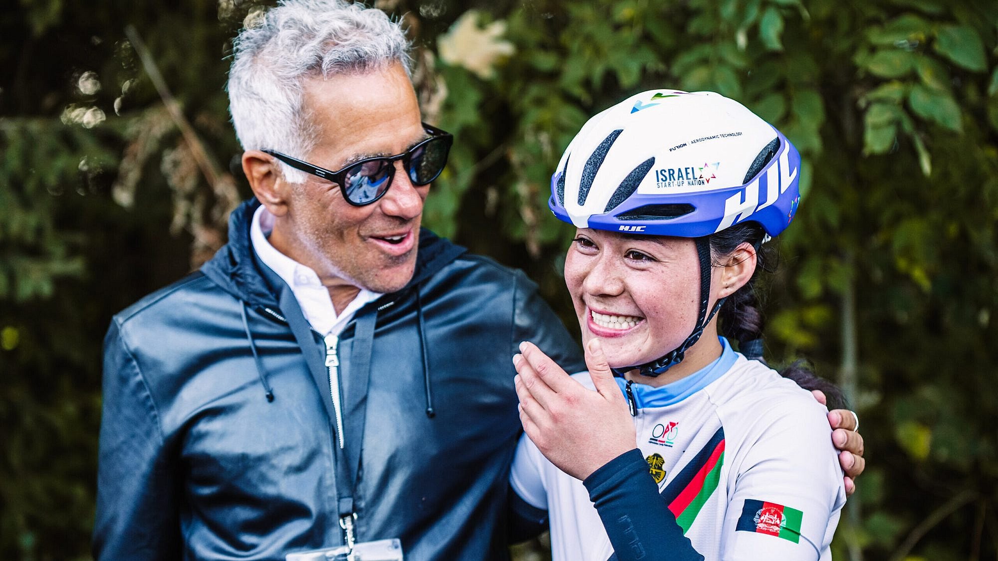 Sylvan Adams (left) at the Oct. 22 UCI Afghanistan Women’s National Championship. Credit: Noa Arnon.