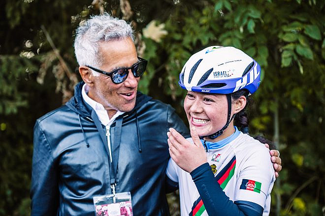 Sylvan Adams (left) at the Oct. 22 UCI Afghanistan Women’s National Championship. Credit: Noa Arnon.