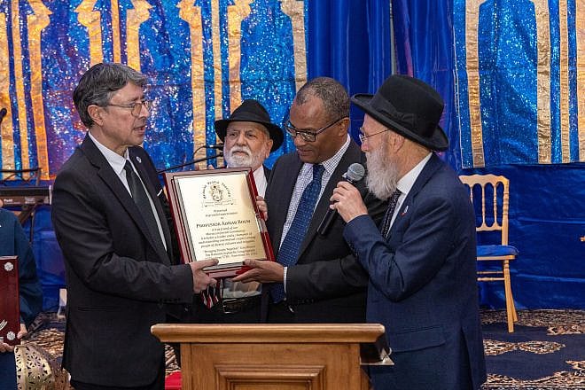 From left: Em Habanim Board of Trustees Member Richard Elgrich, Em Habanim President Albert Ifrah, Dr. Aomar Boum and Rabbi Joshua Bittan. Photo courtesy of Em Habanim.