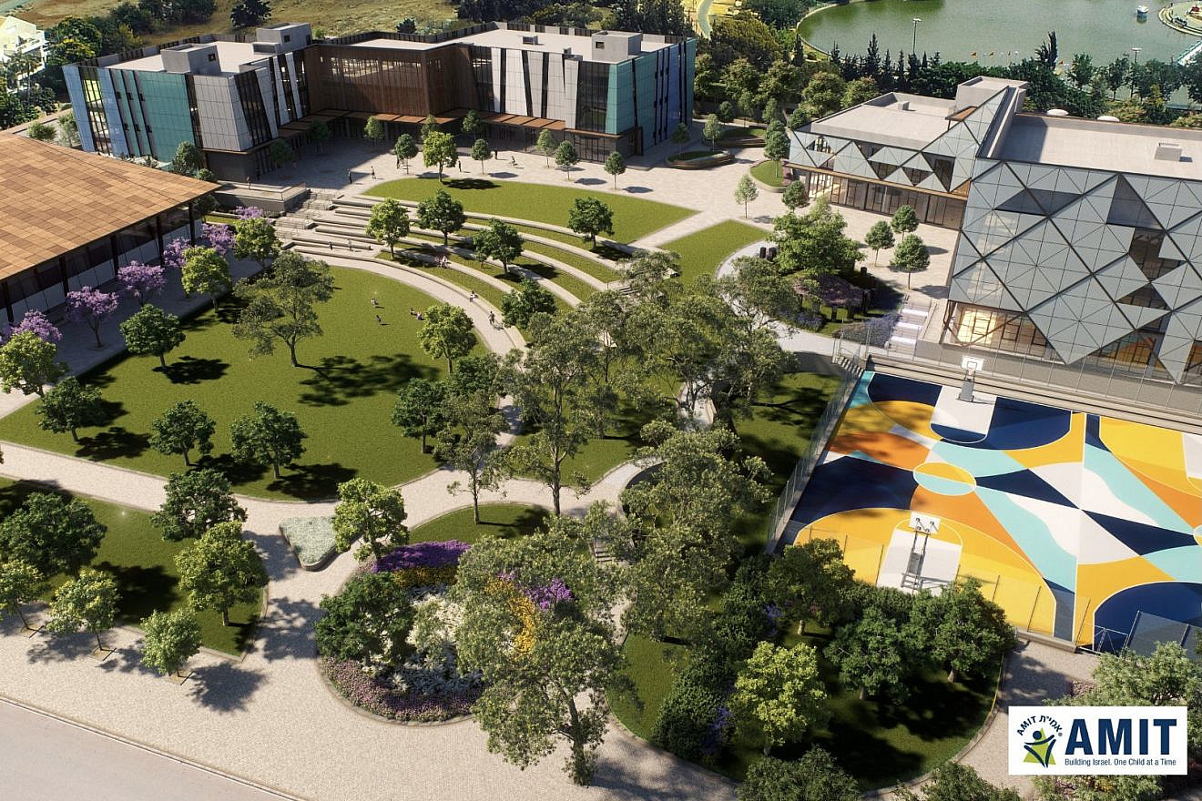 Overhead view of the AMIT Kfar Batya campus, including the Evan and Layla Green Family Foundation Gogya Building and Program, Educators' Innovation Center, AMIT Headquarters, Community Athletic Complex, The Gwen Straus High School for Boys, Welcome Center, Memorial Park for Fallen Soldiers, Outdoor Amphitheater, Athletic Spaces, and Learning Gardens.