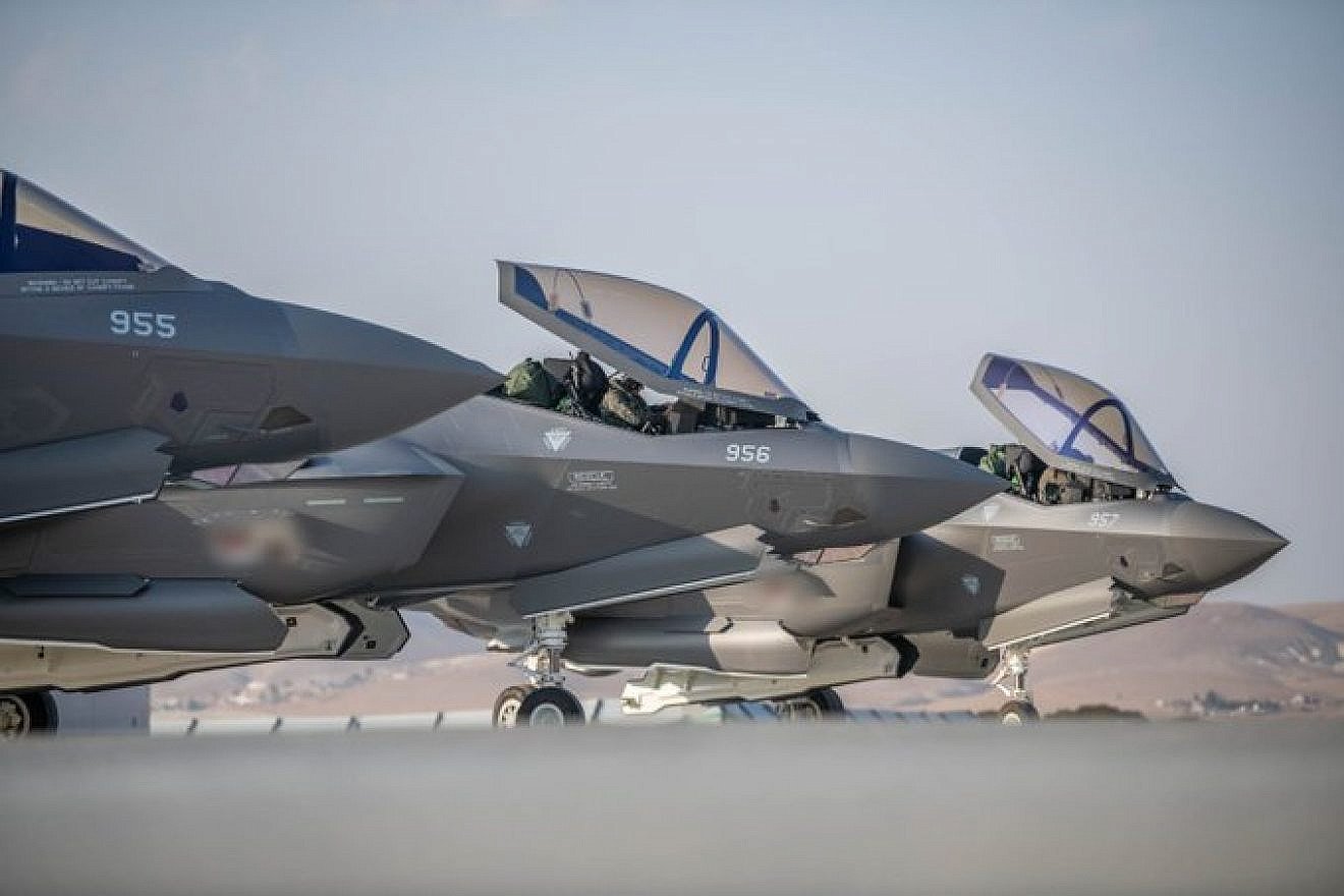Three IDF F-35i “Adir” aircraft upon their arrival at Israel's Nevatim Air Force Base on Sunday, Nov. 13, 2022. The aircraft will join the “Golden Eagle” Squadron, according to the Israeli military. Credit: Israel Defense Forces.