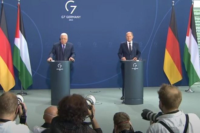 No. 3 on the SWC list: Palestinian Authority leader Mahmoud Abbas (left) says Israel committed “50 Holocausts,” speaking while standing alongside German Chancellor Scholz during a press conference in Berlin, Aug. 16, 2022. Source: YouTube.