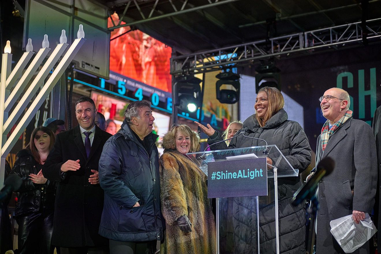 New York Attorney General Letita James speaks to the crowd gathered in Manhattan on the second night of Hanukkah. Photo by Perry Bindelglass Courtesy of The Jewish Community Relations Council of New York.