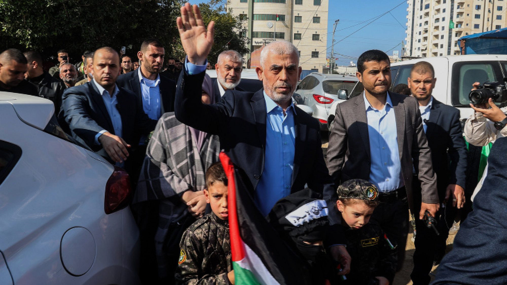 Yahya al-Sinwar, leader of Hamas in the Gaza Strip, at a rally in Gaza City marking the 35th anniversary of the Islamist movement, Dec. 14, 2022. Photo by Atia Mohammed/Flash90.