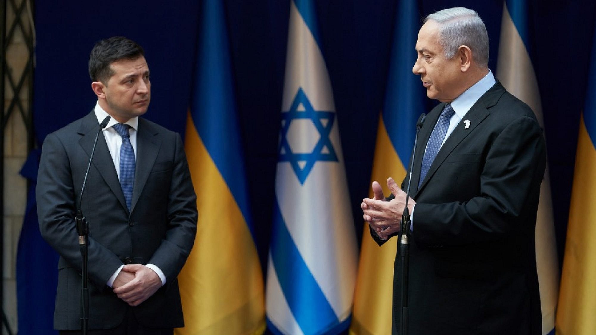 Ukrainian President Volodymyr Zelenskyy and Israeli Prime Minister Benjamin Netanyahu at a joint press conference in Jerusalem on Jan. 24, 2020. Credit: Office of the President of Ukraine.
