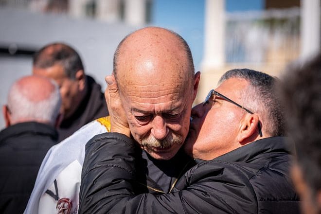Supporters greet terrorist murderer Maher Younis, who was released after 40 years in prison, in 'Ara, Israel, Jan. 19, 2023. Photo by Fadi Amun/Flash90.