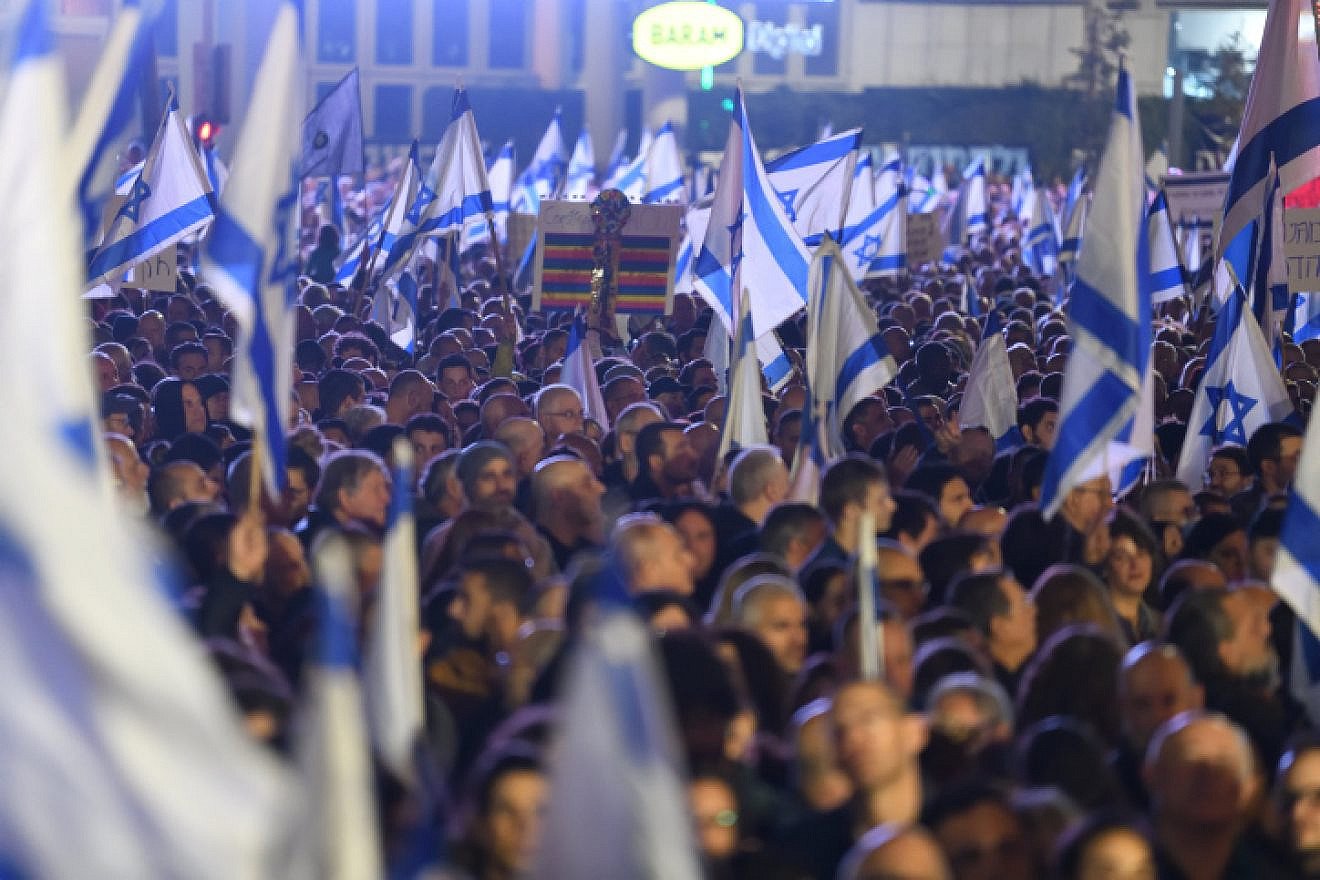 Thousands of Israelis rally against the Israeli government's planned judicial reforms, in Tel Aviv on Jan. 21, 2023. Photo by Gili Yaari /Flash90.