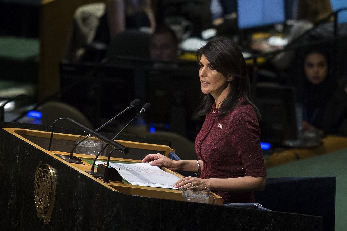 U.S. Ambassador to the United Nations Nikki Haley speaks at an emergency General Assembly meeting in United Nations headquarters in New York City to vote on Jerusalem's situation on Dec. 21, 2017. Credit: Amir Levy/Flash90.