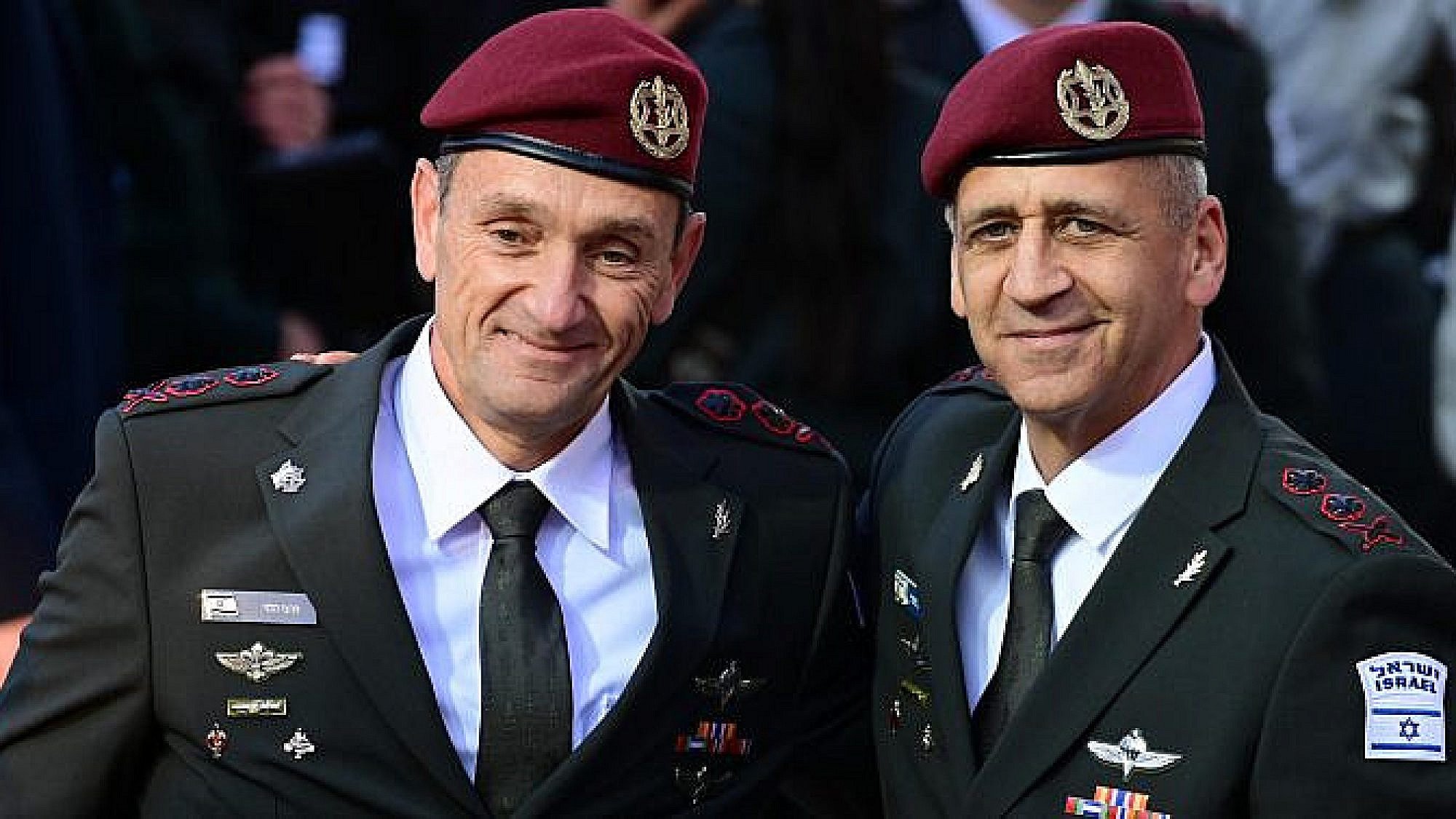Outgoing IDF Chief of Staff Aviv Kochavi with incoming Chief of Staff Herzi Halevi at a ceremony at IDF headquarters in Tel Aviv, Jan. 16, 2023. Photo by Tomer Neuberg/Flash90.