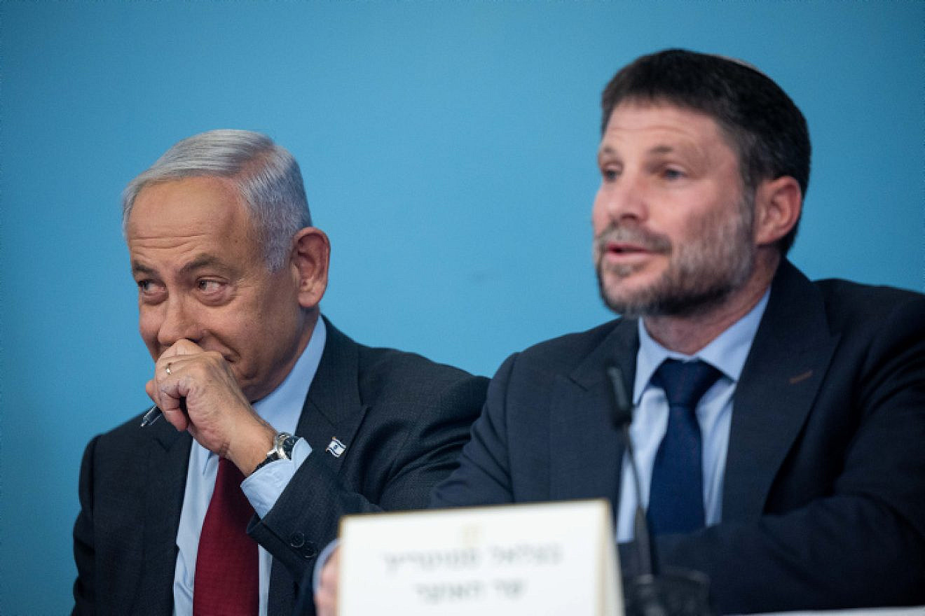 Israeli Prime Minister Benjamin Netanyahu and Israeli Finance Minister Bezalel Smotrich attend a press conference at the Prime Minister's Office in Jerusalem, on Jan. 25, 2023. Photo by Yonatan Sindel/Flash90.