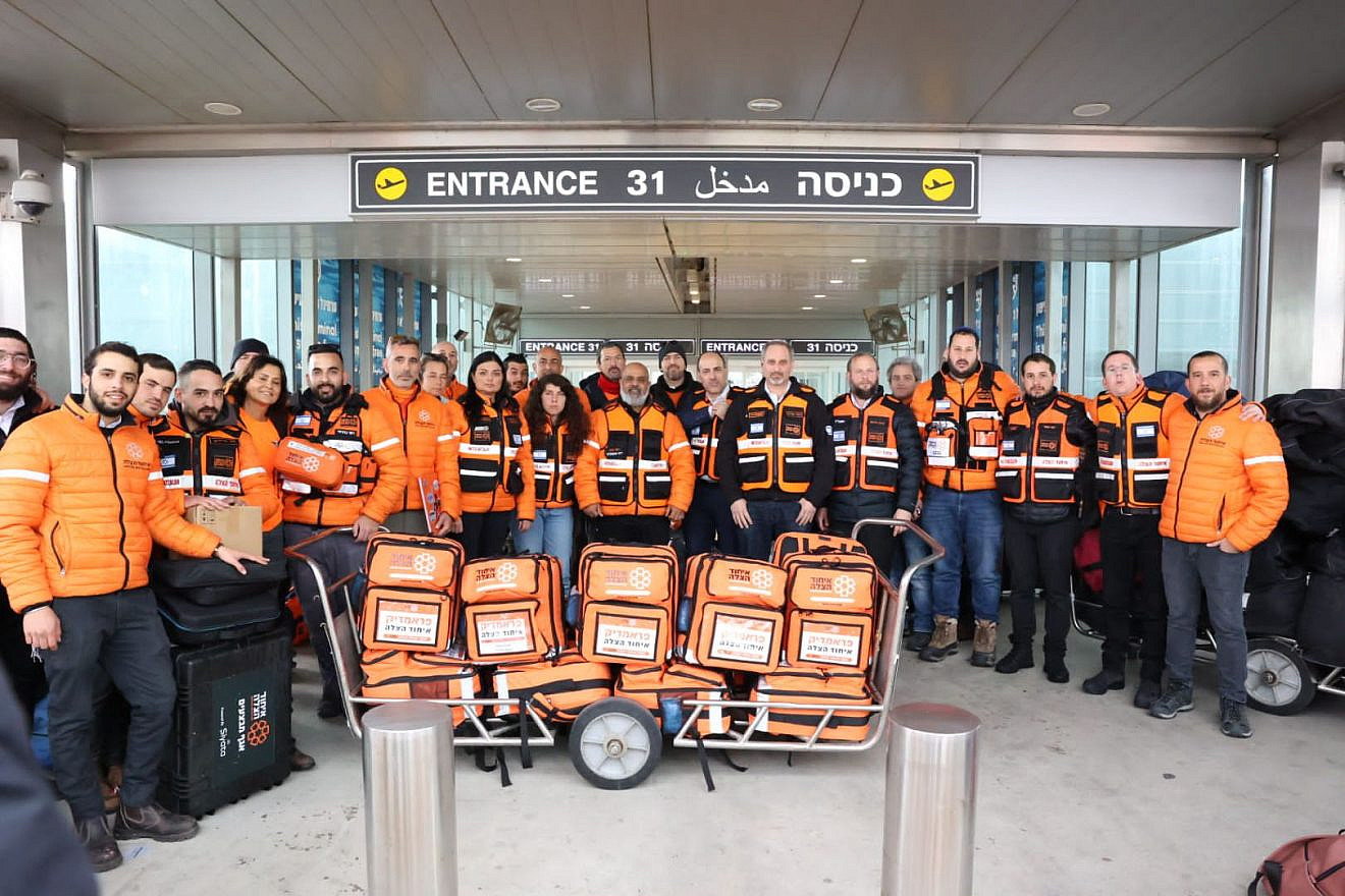 An emergency response team prepares to depart Ben-Gurion Airport for Turkey with 25 medical and rescue personnel, Feb. 7, 2023. Credit: United Hatzalah of Israel.