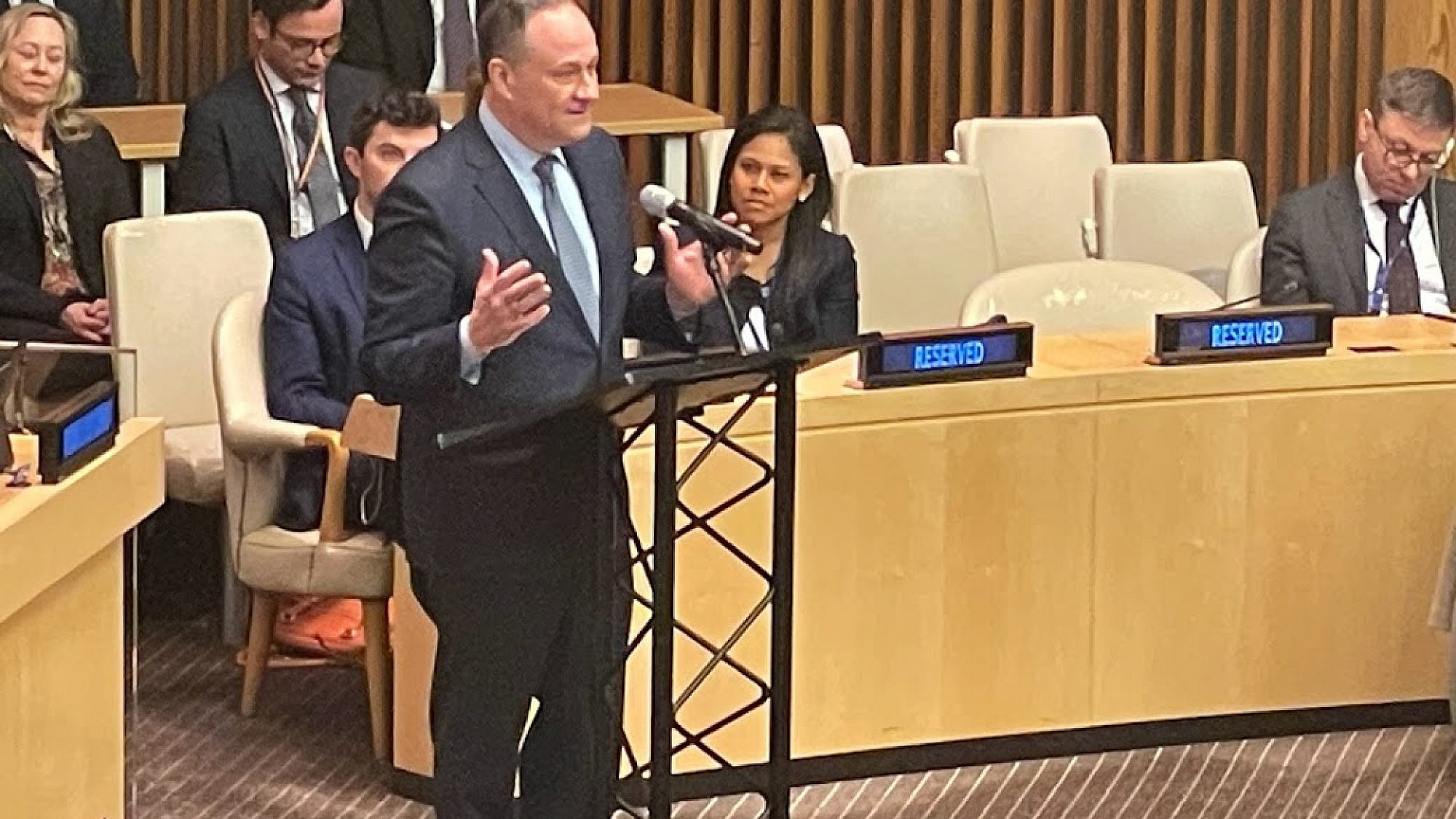 Second gentleman Doug Emhoff addresses a U.N. event on antisemitism in New York City on Feb. 9, 2023. Source: Screenshot.