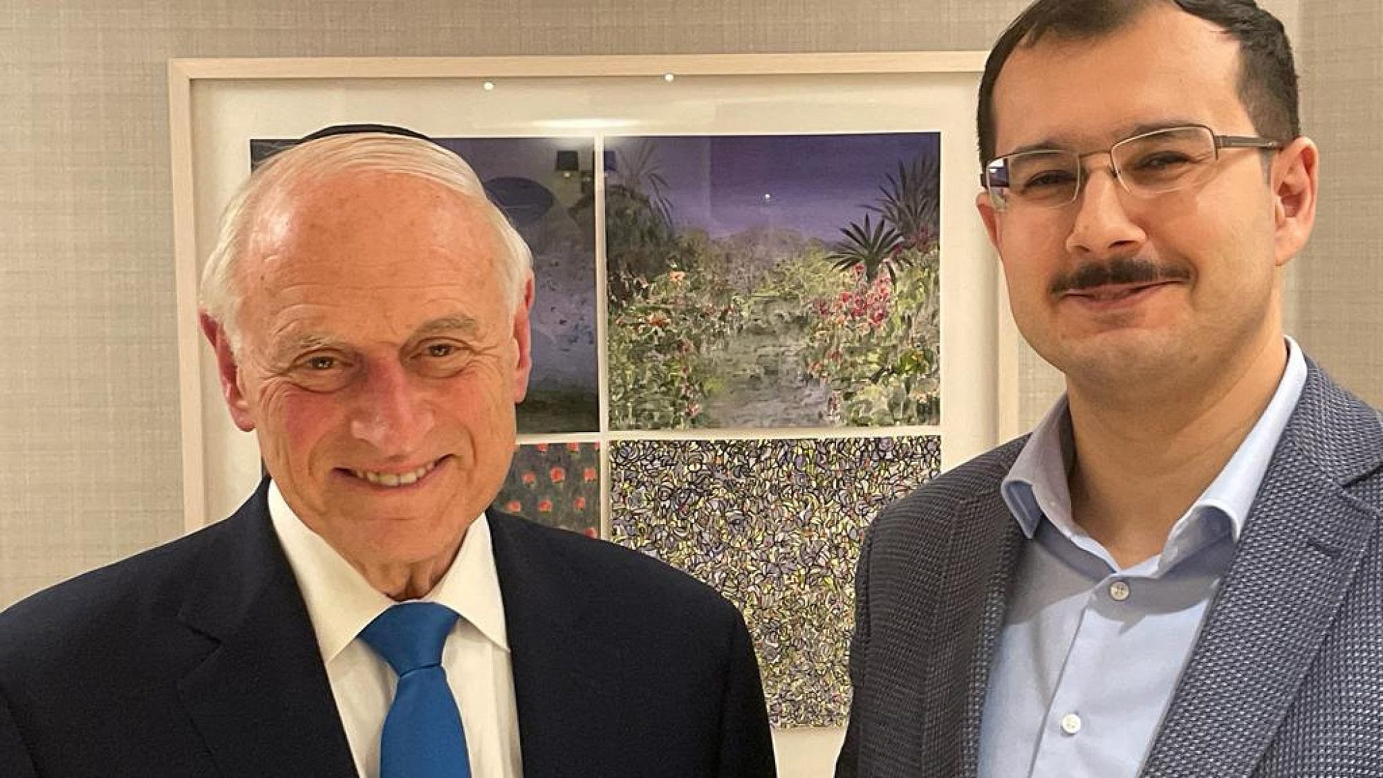 Azerbaijan ambassador-designate Mukhtar Mammadov meets in Jerusalem with Malcolm Hoenlein, vice chair of the Conference of Presidents of Major American Jewish Organizations, March 2023. Credit: Eli Bardenstein.