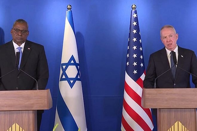 U.S. Defense Secretary Lloyd Austin and Israeli Defense Minister Yoav Gallant speak to reporters near Ben-Gurion Airport, March 9, 2023. Credit: GPO.
