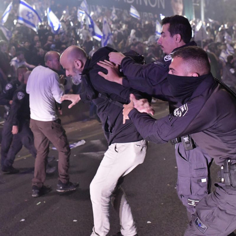 Israelis block the Ayalon Highway in Tel Aviv during a protest against the Israeli government's planned judicial overhaul on March 26, 2023. Photo by Tomer Neuberg/Flash90.