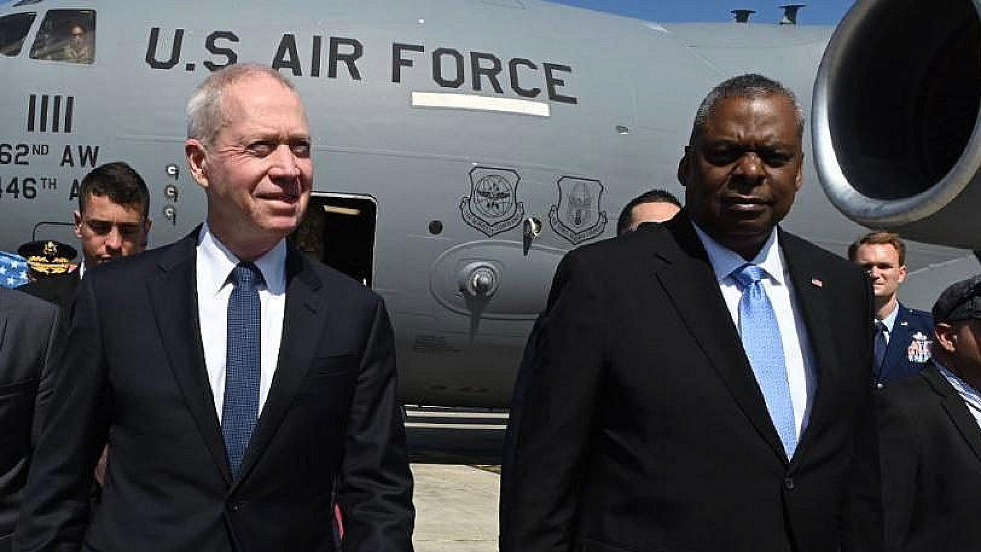 Israel Defense Minister Yoav Gallant welcomes U.S. Defense Secretary Lloyd Austin at Ben-Gurion International Airport on March 9, 2023. Photo by Ariel Hermoni/Israel Defense Ministry.