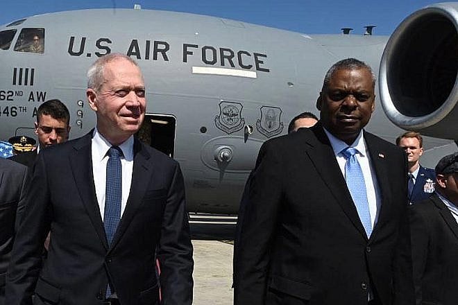 Israel Defense Minister Yoav Gallant welcomes U.S. Defense Secretary Lloyd Austin at Ben-Gurion International Airport on March 9, 2023. Photo by Ariel Hermoni/Israel Defense Ministry.