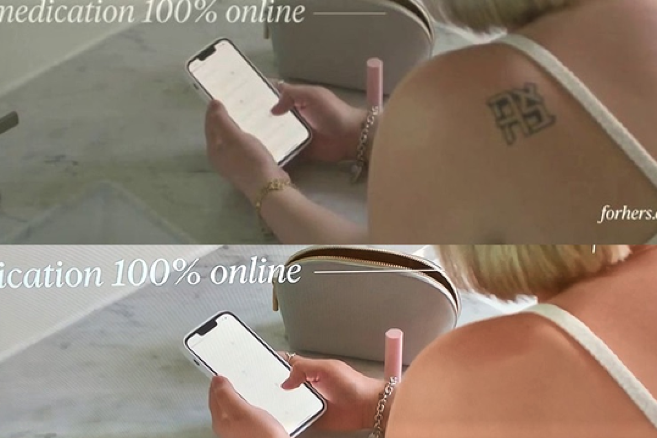 Before and after an advertisement for Hims & Hers Health-care company had been digitally altered to remove a tattoo on a woman's shoulder with the Hebrew word “ahavah,” meaning “love.” Source: Screenshot.