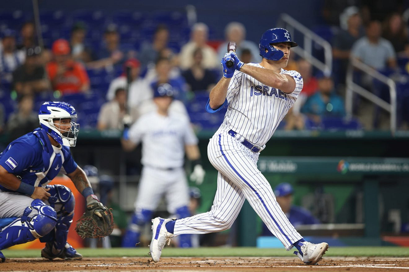 First baseman Matt Mervis of Team Israel bats against Nicaragua at the World Baseball Classic in Miami, March 12, 2023. Credit: Courtesy of Major League Baseball.