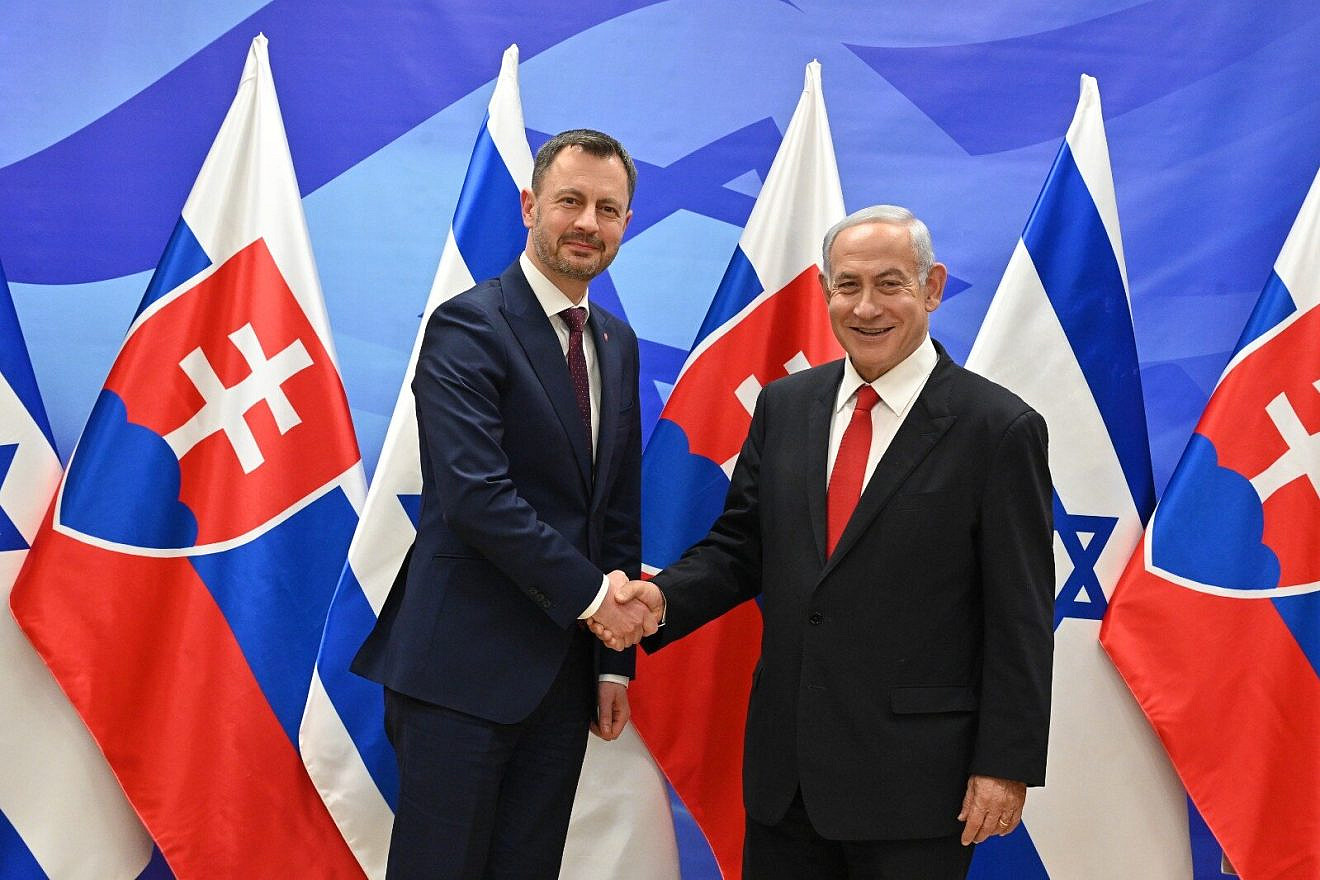 Israeli Prime Minister Benjamin Netanyahu meets with his Slovakian counterpart Eduard Heger in Jerusalem, Israel, March 5, 2023. Credit: Kobi Gideon/GPO.