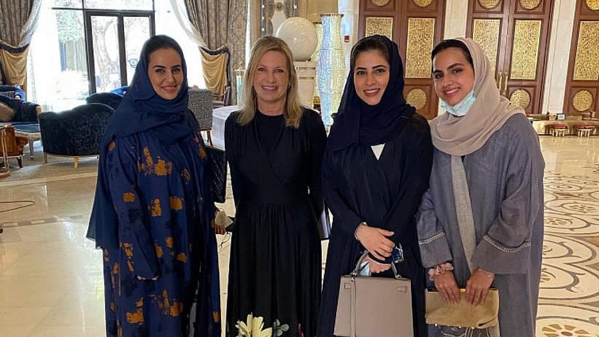 Doves—Women Making Peace CEO Valerie Leiser Greenfield (second from left) and Assistant Minister for Executive Affairs Princess Haifa Al Saud (in blue) in Riyadh. Credit: courtesy.