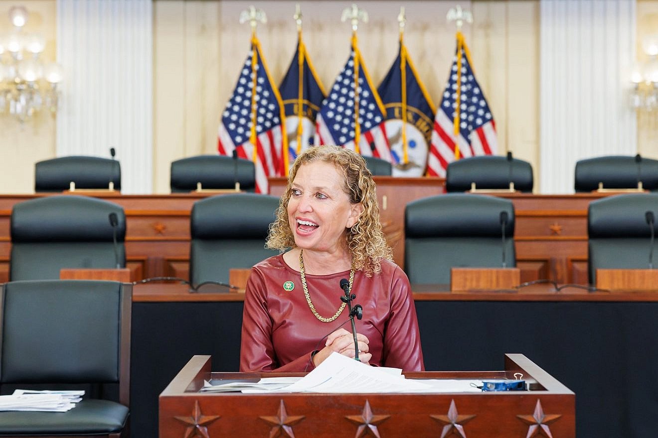 Rep . Debbie Wasserman Schultz (D-Fla.) speaks at a luncheon at the U.S. Capitol in part to celebrate 75 years of the U.S.-Israel relationship and partly to launch a bipartisan congressional effort for the U.S. Mint to strike a coin commemorating Israel’s fourth prime minister, Golda Meir, on April 27, 2023. Credit: Courtesy of the Bomel Initiative.