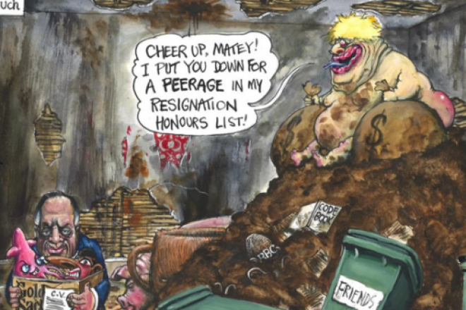 The Guardian newspaper has apologized for and removed from its website a cartoon depicting BBC chairman Richard Sharp that was slammed as antisemitic, April 29, 2023. Credit: Twitter.