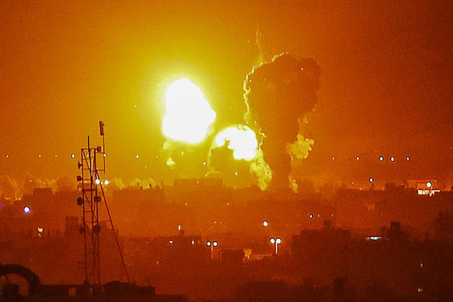 Flame and smoke are seen during an Israeli air strike on Rafah, in the southern Gaza Strip, on May 3, 2023. Photo by Abed Rahim Khatib/Flash90.
